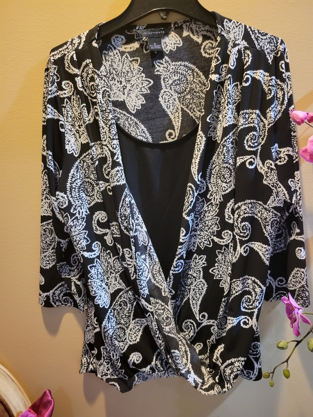 Investments Black and White Paisley Wrap Top with Attached Tank